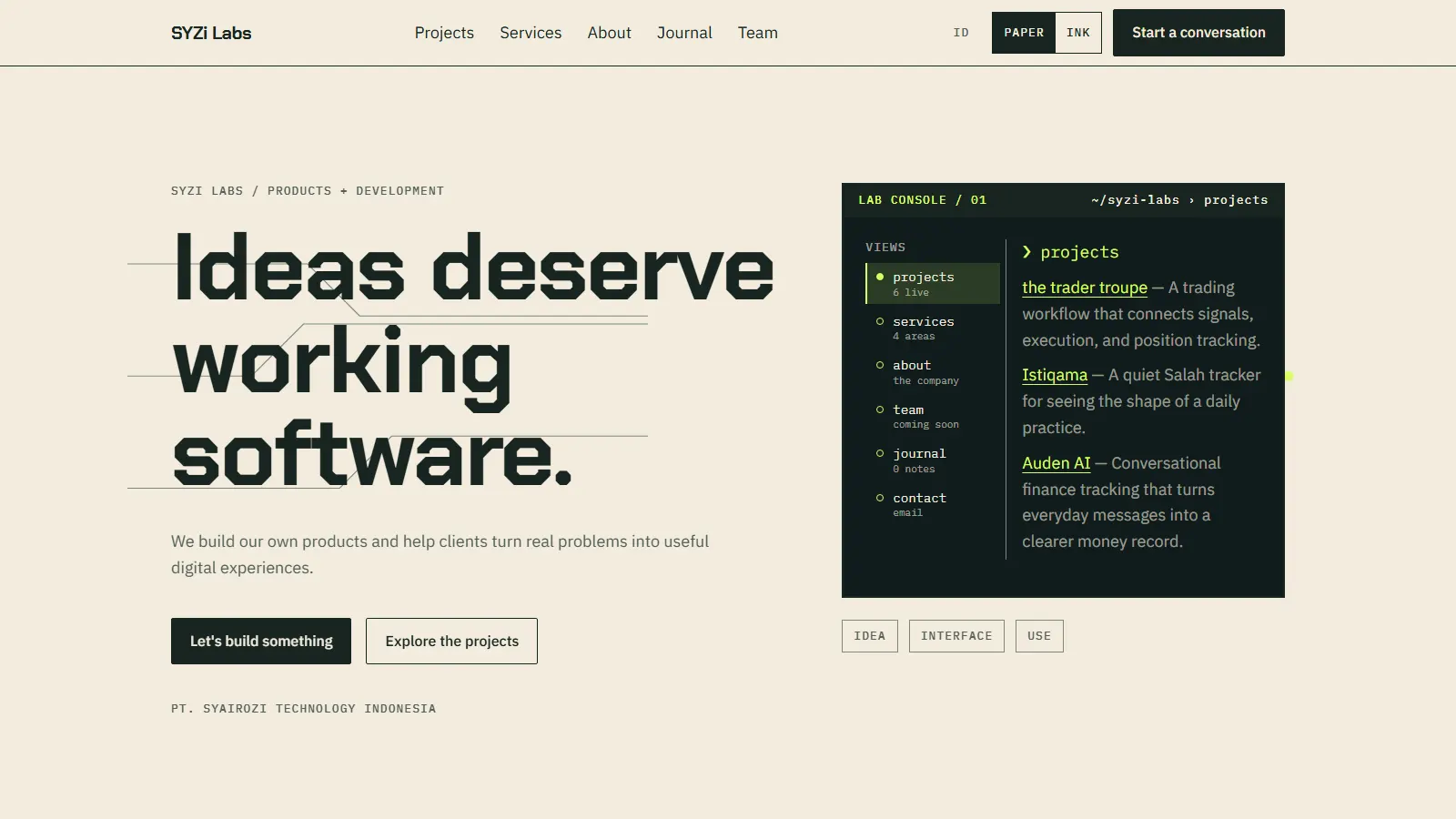 SYZi Labs: Home page, desktop